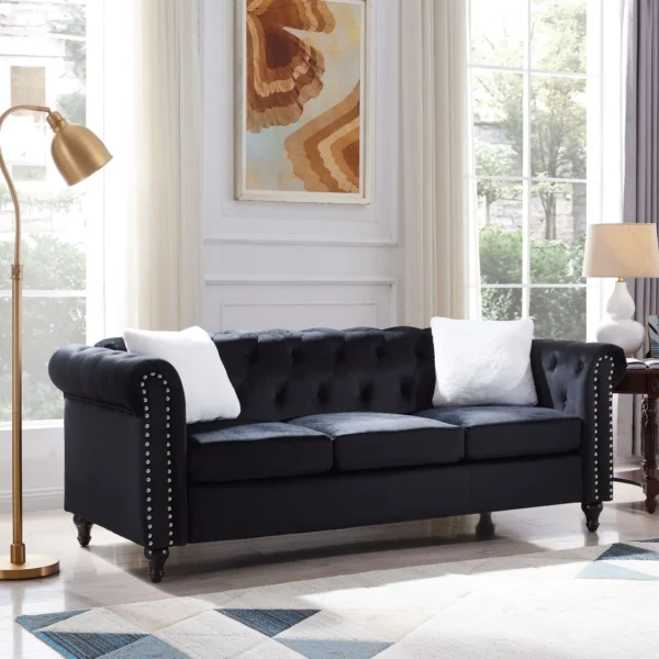 2 Piece Living Room Chesterfield Sofa , including 3-Seater and Loveseat, Four White Villose Pillow Black Sofa furniture set