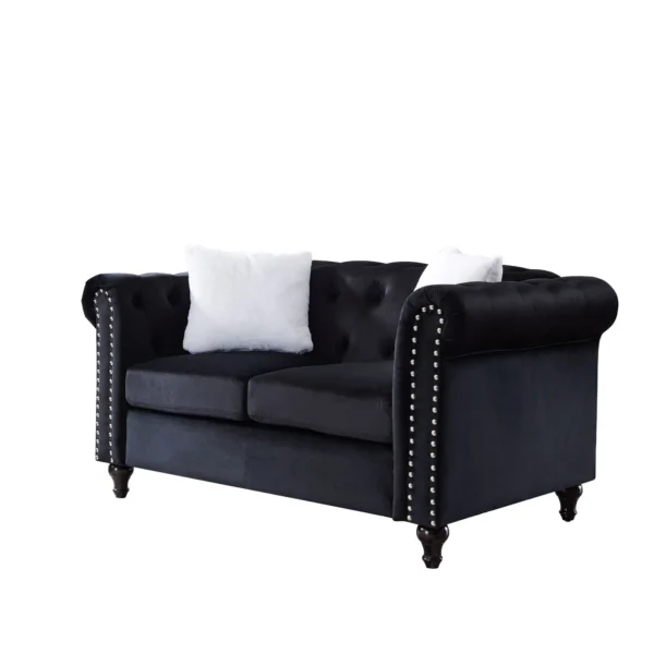 2 Piece Living Room Chesterfield Sofa , including 3-Seater and Loveseat, Four White Villose Pillow Black Sofa furniture set - Image 2