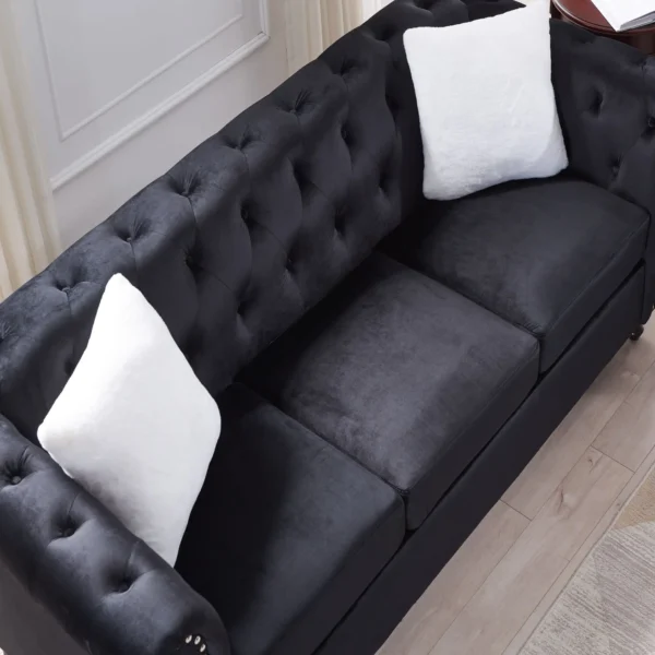 2 Piece Living Room Chesterfield Sofa , including 3-Seater and Loveseat, Four White Villose Pillow Black Sofa furniture set - Image 5