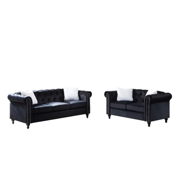 2 Piece Living Room Chesterfield Sofa , including 3-Seater and Loveseat, Four White Villose Pillow Black Sofa furniture set - Image 4