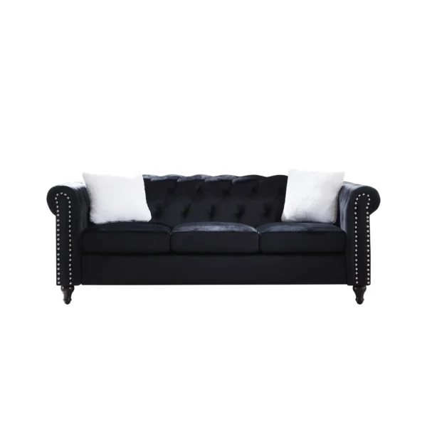 2 Piece Living Room Chesterfield Sofa , including 3-Seater and Loveseat, Four White Villose Pillow Black Sofa furniture set - Image 3